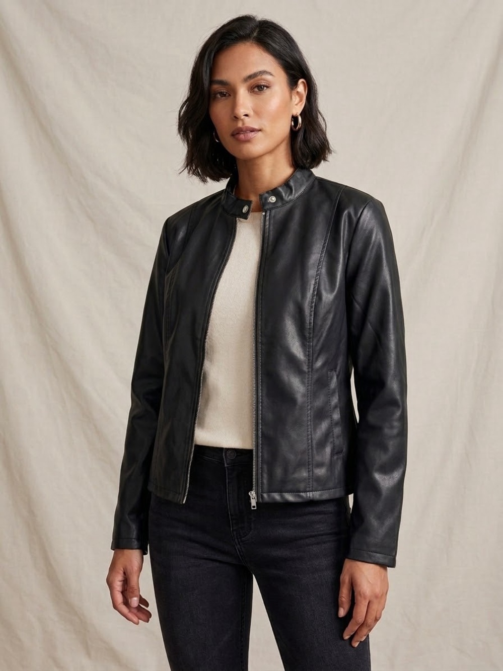 Classic Black faux leather Jacket - Women's Slim Moto
